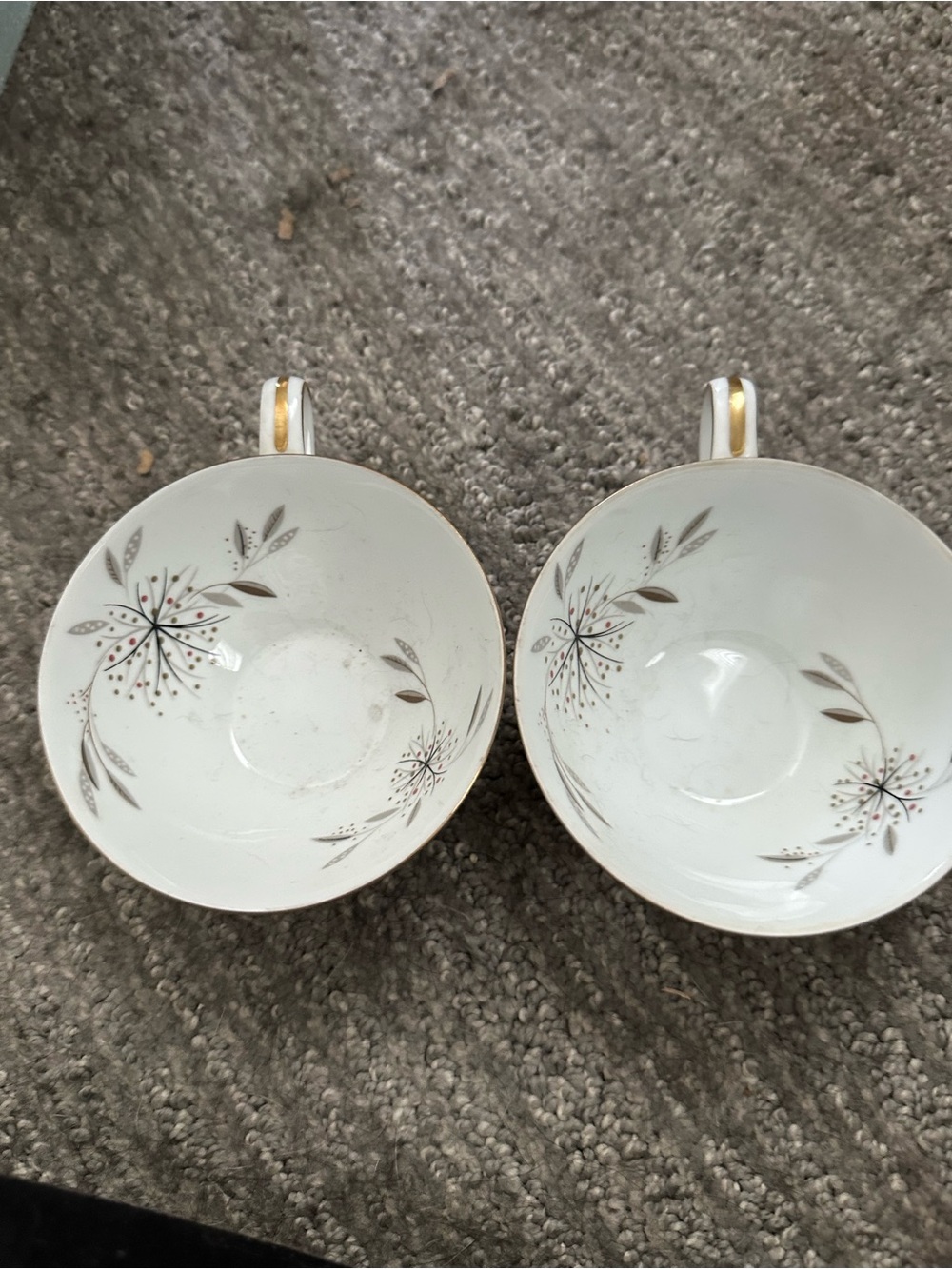 Noritake White Porcelain Teacups with Gold Trim and Gray Floral Accents